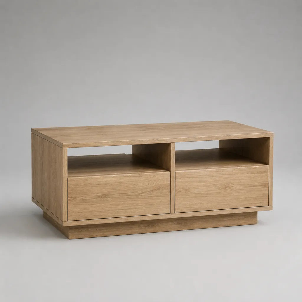 Couchtisch aus Holz mit Eichenfurnier, 2 Schubladen und 2 offenen Fächern, Naturbraun, 100 × 55 × 50 cm