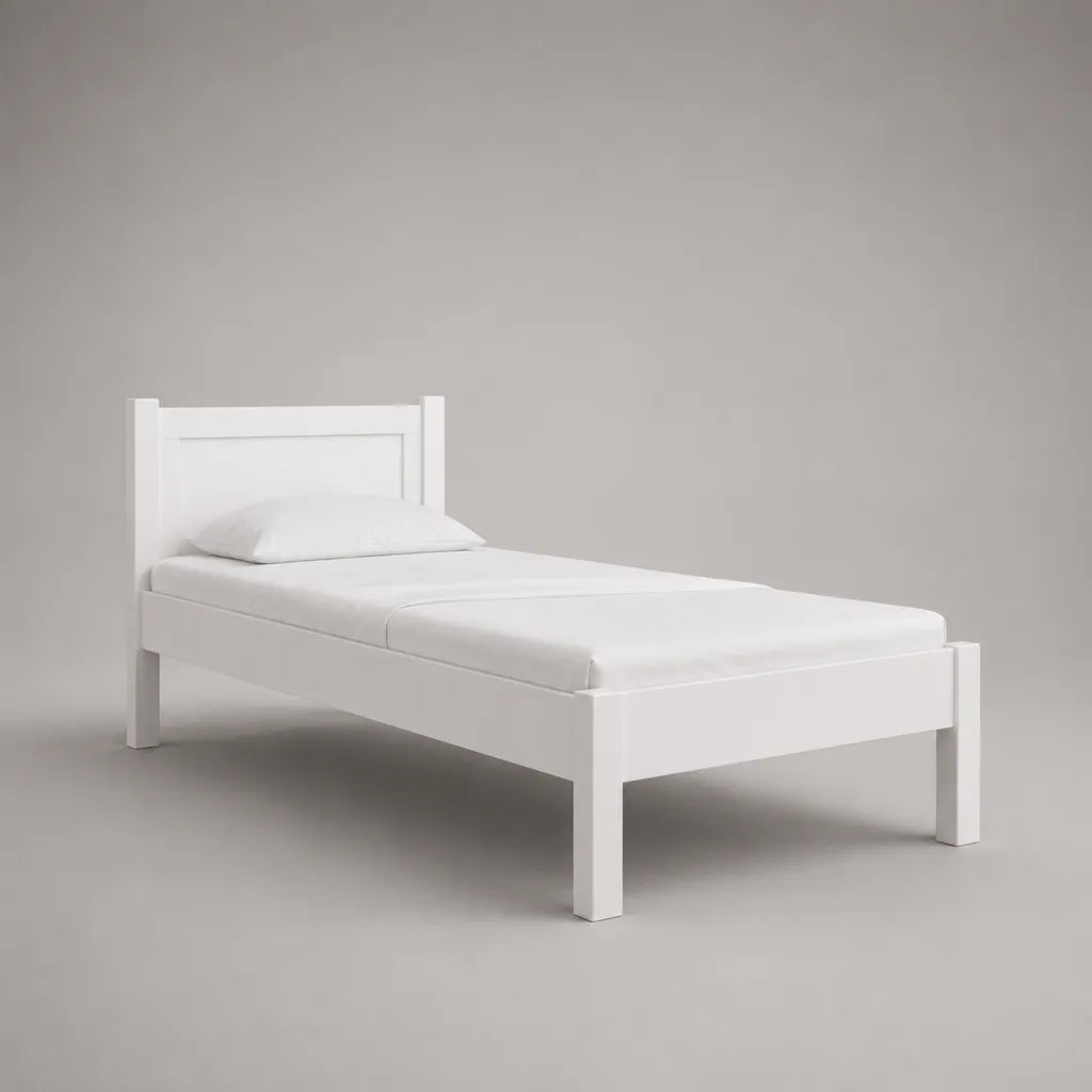 Einzelbettgestell aus massivem Kiefernholz mit Kopfteil, Weiß, Liegefläche 90 × 200 cm, Gesamtmaß 208 × 96 × 90 cm
