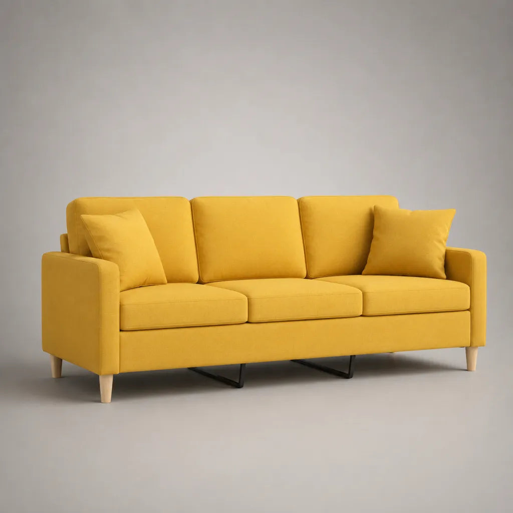 3-Sitzer-Sofa mit Polyesterbezug und 2 Zierkissen, Senfgelb, 210 × 85 × 82 cm