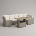 Gartenmöbel-Set mit Ecksofa, Esstisch und Sitzhocker aus PE-Rattan mit Stahlgestell, Grau, Creme und Braun, ca. 250 x 190 x 75 cm