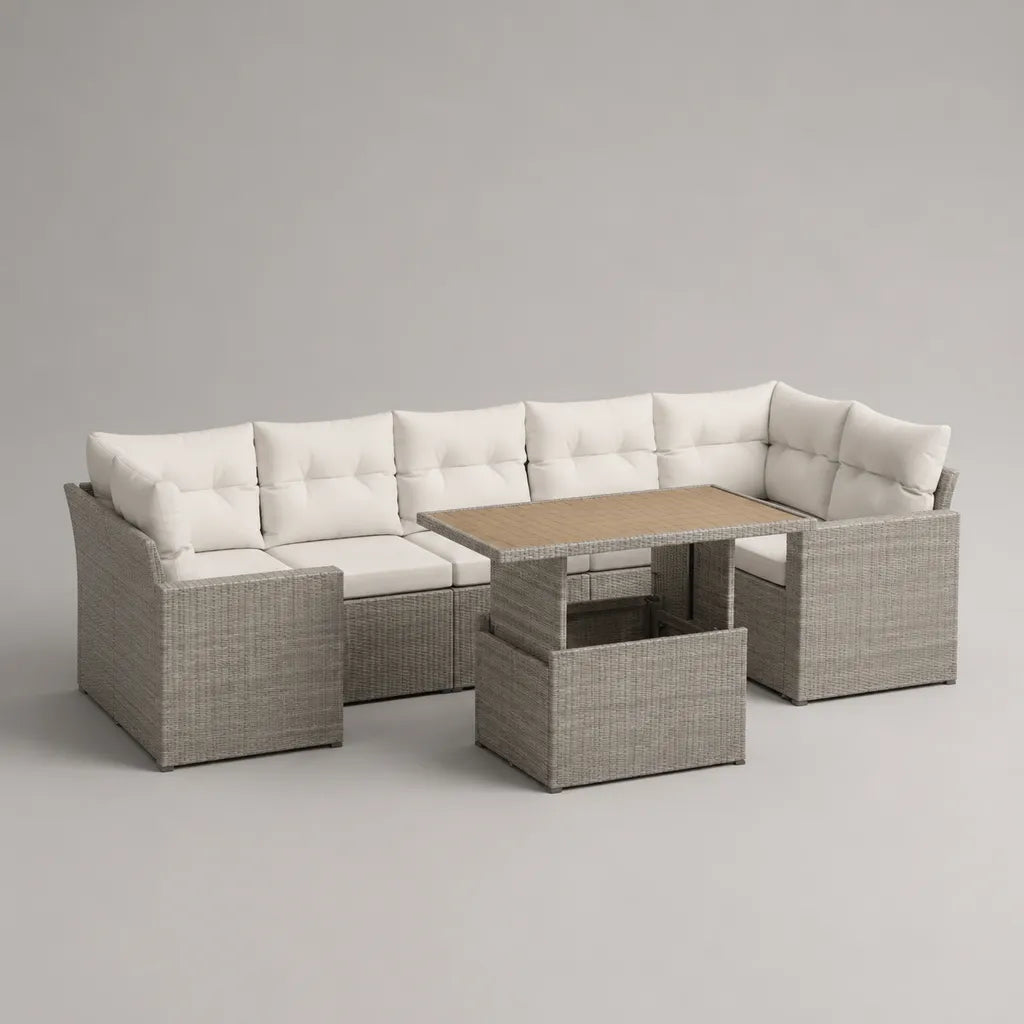 Gartenmöbel-Set mit Ecksofa, Esstisch und Sitzhocker aus PE-Rattan mit Stahlgestell, Grau, Creme und Braun, ca. 250 x 190 x 75 cm