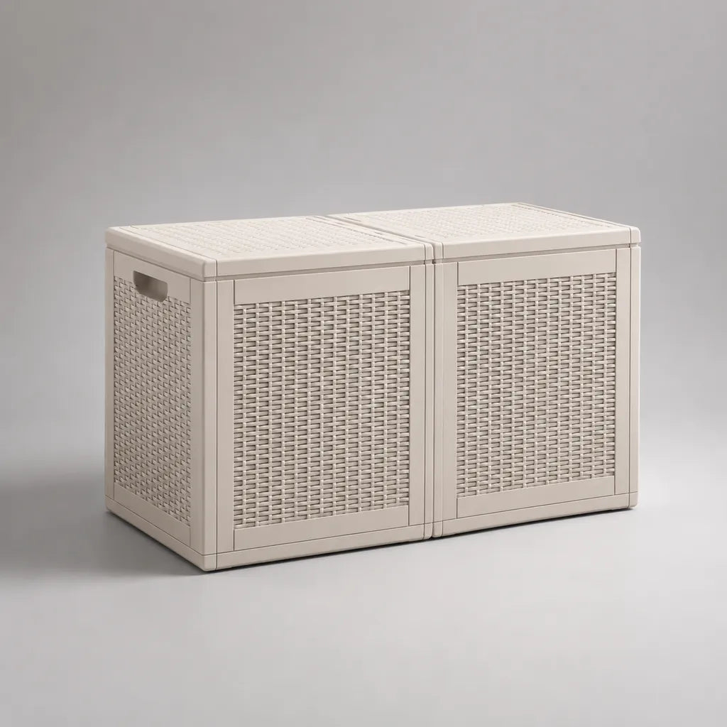 2-teiliges Garten-Aufbewahrungsbox-Set aus PP in Rattanoptik mit Deckeln und Fronttüren, Beige, Gesamtmaß 120 × 55 × 80 cm