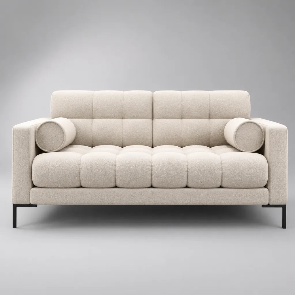 Bouclé-Sofa 2-Sitzer aus Polyester mit 2 zylindrischen Nierenkissen, Cremeweiß/Schwarz, 160 × 82 × 84 cm