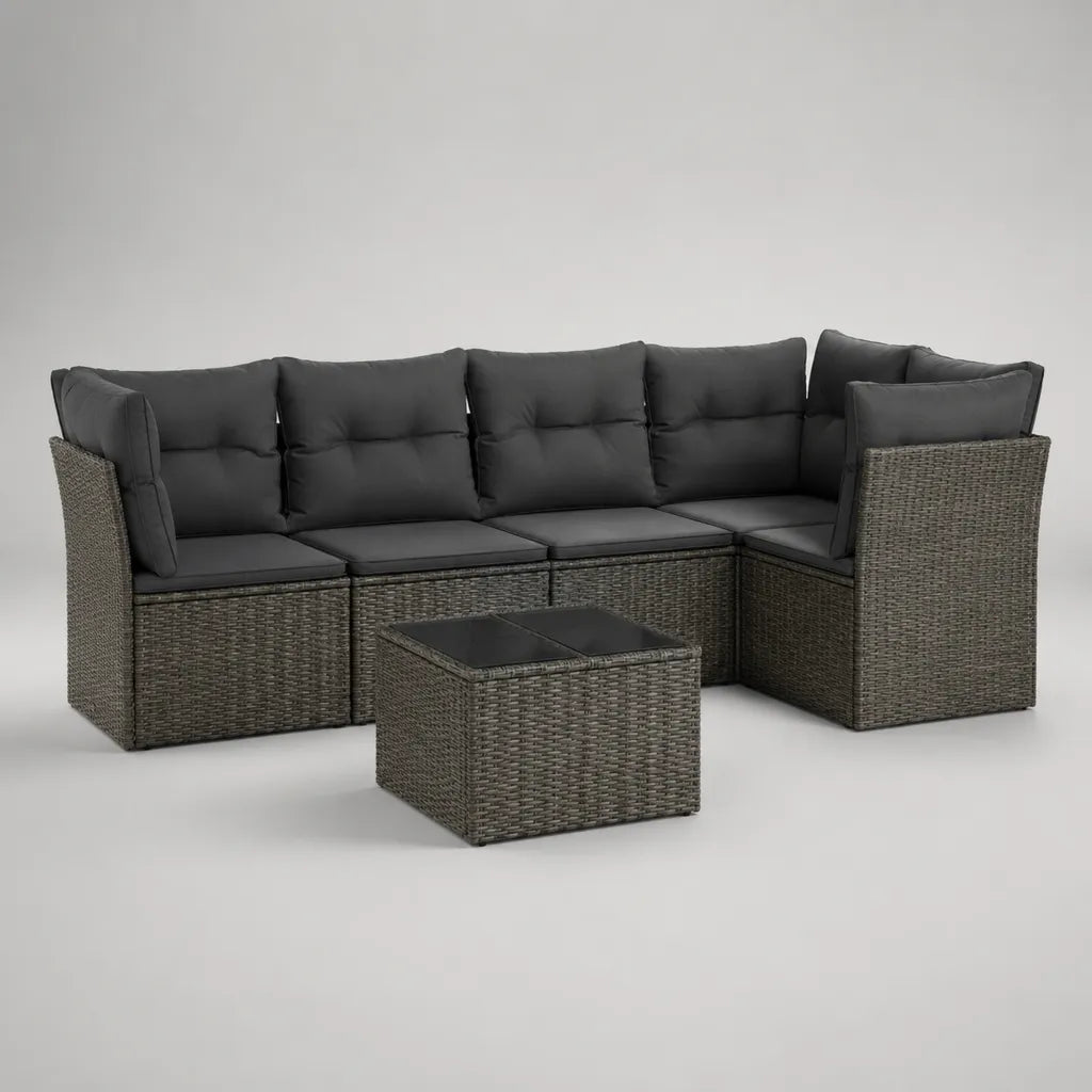 Garten-Ecksofa-Set, 5-Sitzer mit Couchtisch, PE-Rattan, Stahl und Polyester, Grau/Anthrazit/Schwarz, 240 × 180 × 74 cm
