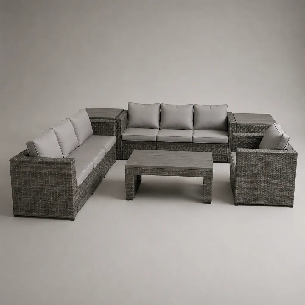 Gartensofa Lounge-Set 6-teilig für 7 Personen aus PE-Rattan mit Polsterauflagen, Grau/Hellgrau, ca. 300 × 250 × 73 cm