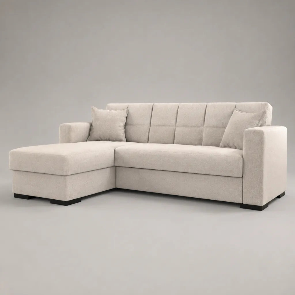 3-Sitzer-Ecksofa mit Ottomane links, Polyester-Chenille, L-Form, Beige, 230 × 150 × 86 cm