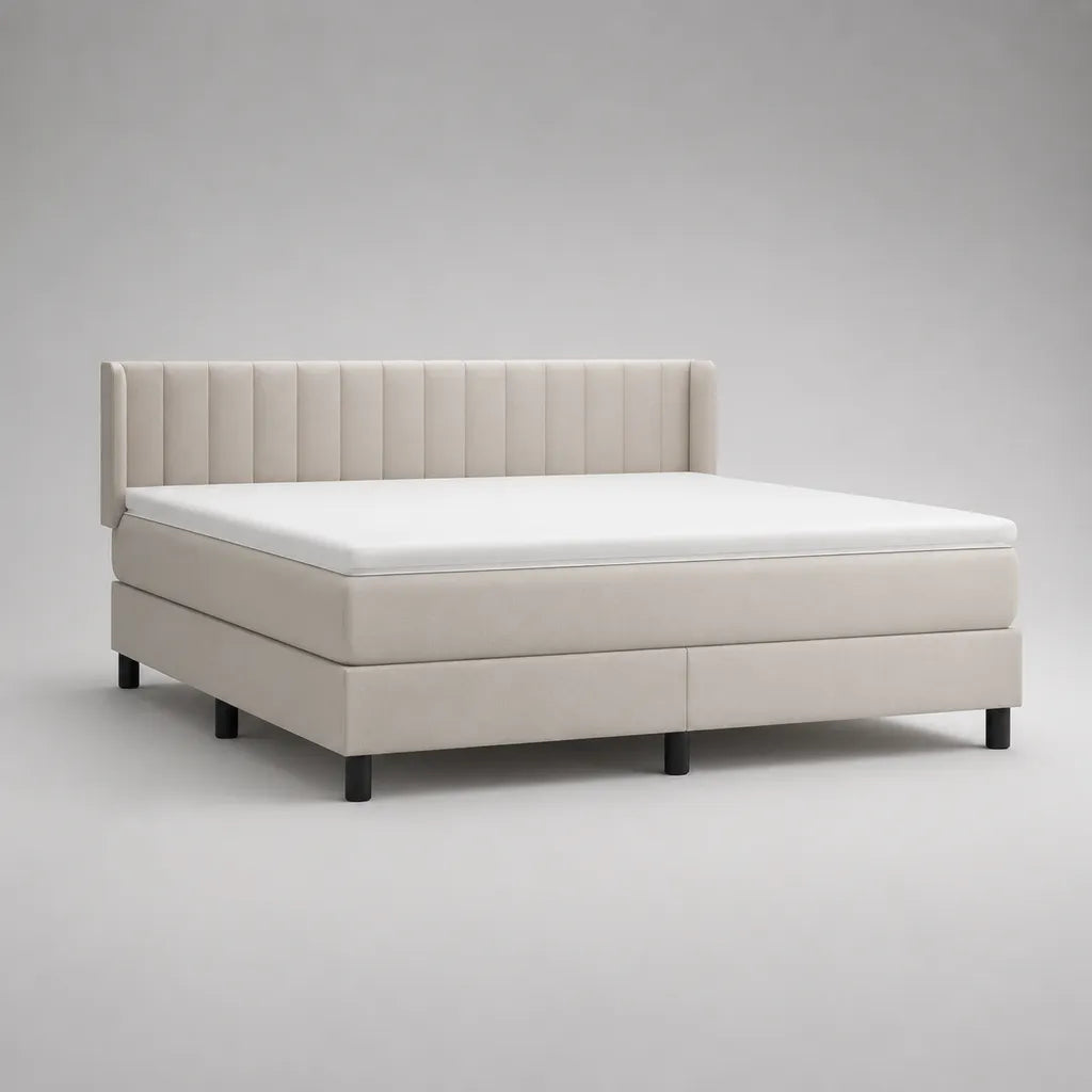 Boxspringbett Doppelbett mit Taschenfederkernmatratze und Topper, Polyestersamt, Beige, 180 x 200 cm