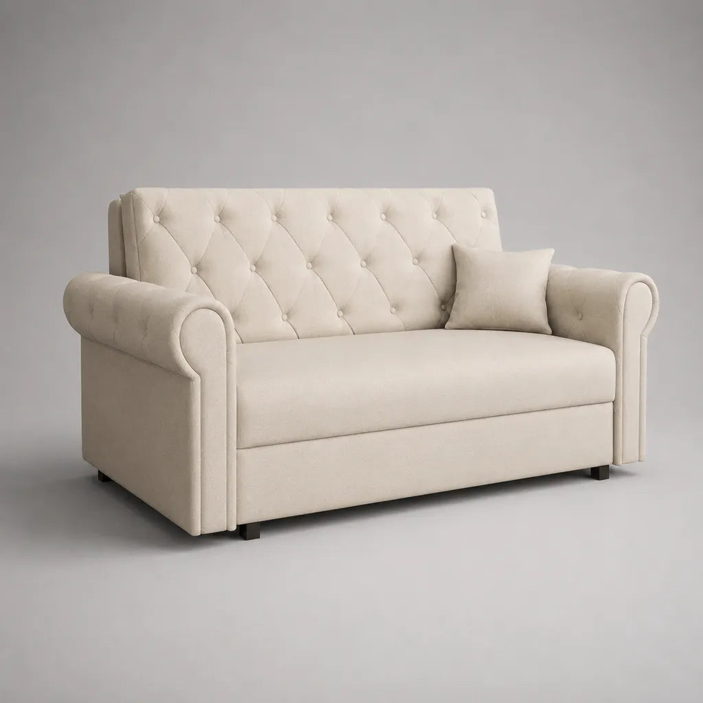 2-Sitzer-Sofa mit Knopfheftung, Rundarmlehnen und Polyesterbezug, Creme, 178 × 86 × 90 cm