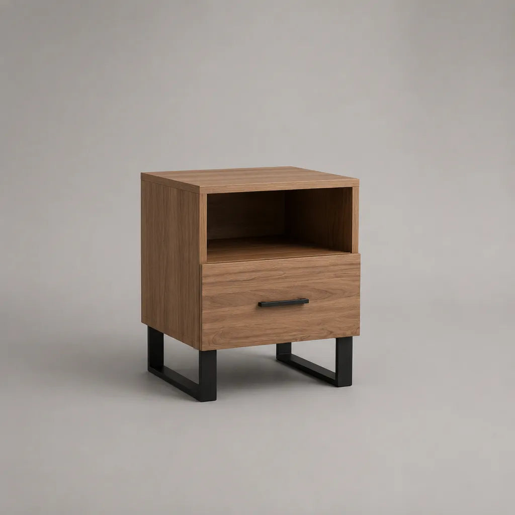 Nachttisch aus Holzwerkstoff mit Schublade und offenem Ablagefach, Walnussbraun und Schwarz, 45 × 40 × 55 cm