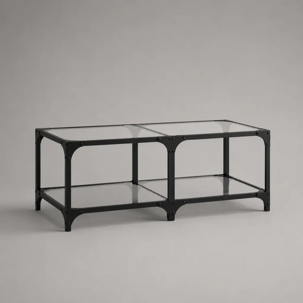 Rechteckiger Couchtisch aus Glas und Stahl mit Ablage, Schwarz/Transparent, 110 × 60 × 45 cm