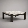 Quadratischer Couchtisch aus MDF und Massivholz, Weiß-Grau in Marmoroptik/Dunkelbraun, 90 × 90 × 45 cm