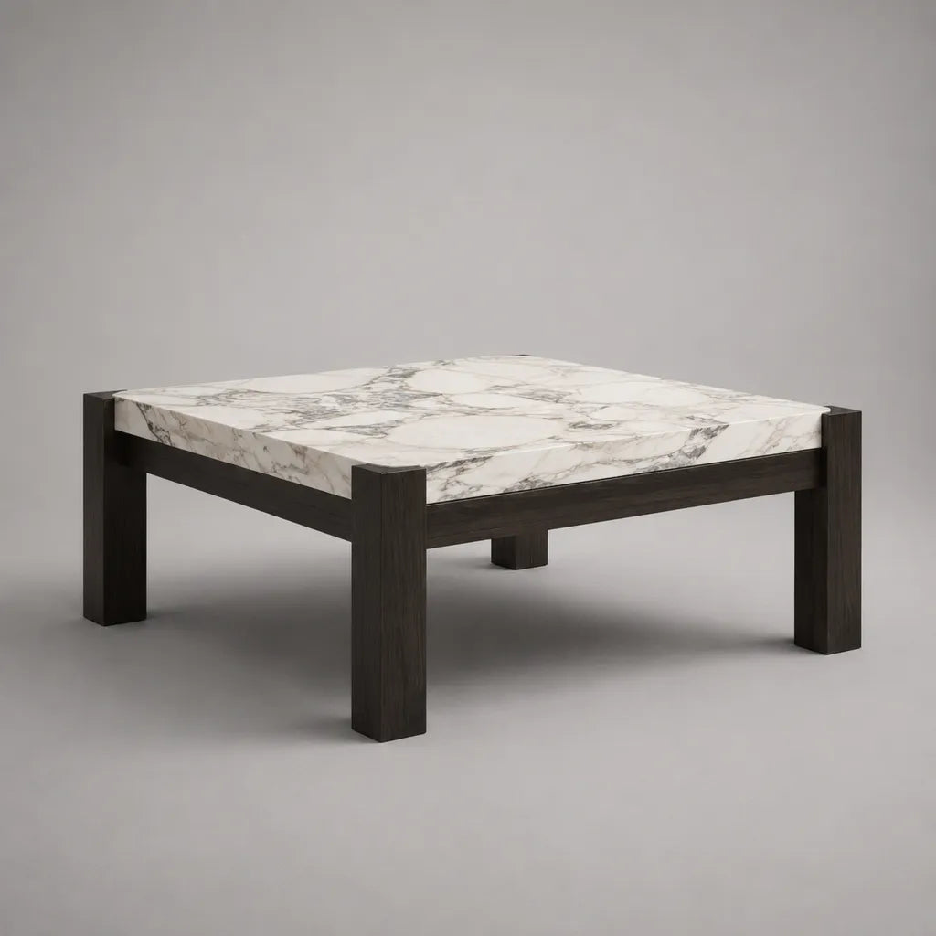 Quadratischer Couchtisch aus MDF und Massivholz, Weiß-Grau in Marmoroptik/Dunkelbraun, 90 × 90 × 45 cm