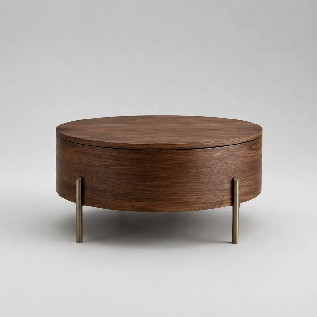 Runder Couchtisch mit Stauraum aus MDF und Metall, Braun/Messingfarben, Ø 80 × H 42 cm