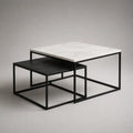 2-teiliges quadratisches Couchtisch-Set aus MDF und pulverbeschichtetem Stahl, Weiß marmoriert/Schwarz, 70 × 70 × 45 cm und 60 × 60 × 35 cm