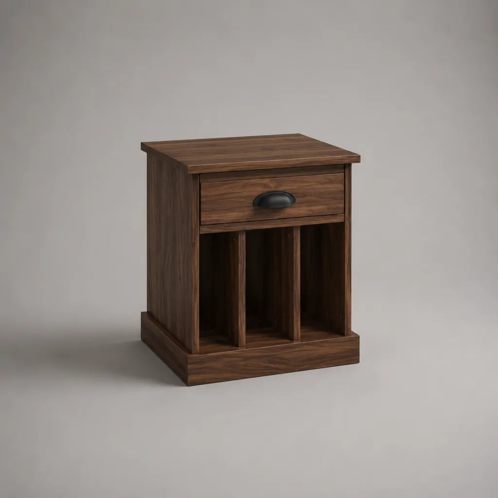 Nachttisch aus MDF mit Schublade und 3 offenen Fächern, Dunkelbraun und Schwarz, 50 × 40 × 60 cm
