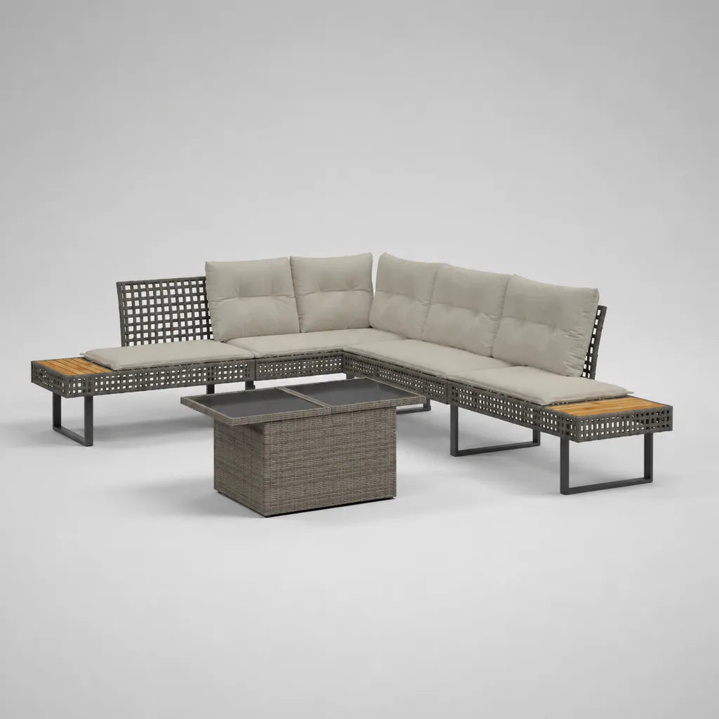 2-teiliges Gartensofa-Set, 6-Sitzer-Ecksofa mit Couchtisch, PE-Rattan, Stahl und Holz, Beige/Grau/Braun, 285 × 220 × 76 cm
