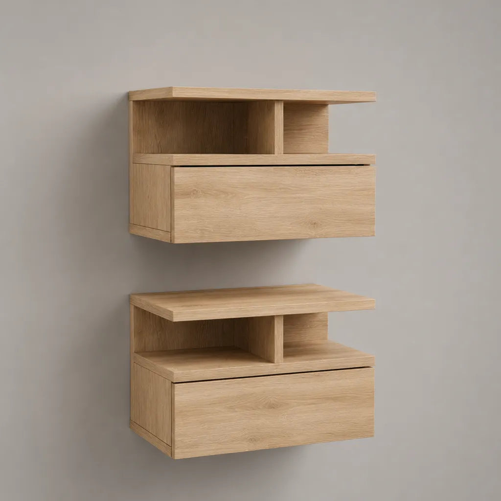 Wandnachttische im 2er-Set aus MDF mit Eichenfurnier, Eiche Natur, je 45 × 35 × 35 cm