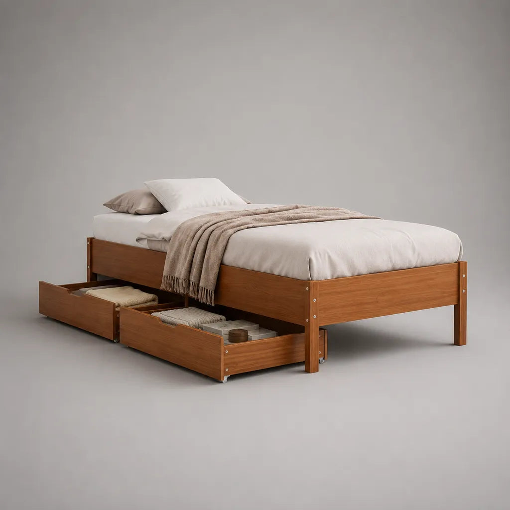 Einzelbett-Bettgestell aus massivem Kiefernholz mit 2 Schubladen, Braun, Liegefläche 90 × 200 cm