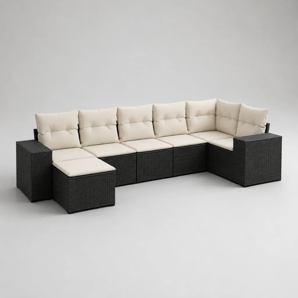 Gartensofa-Set für 7 Personen aus PE-Rattan und Stahl, U-Form, Schwarz/Creme, 300 × 180 × 74 cm