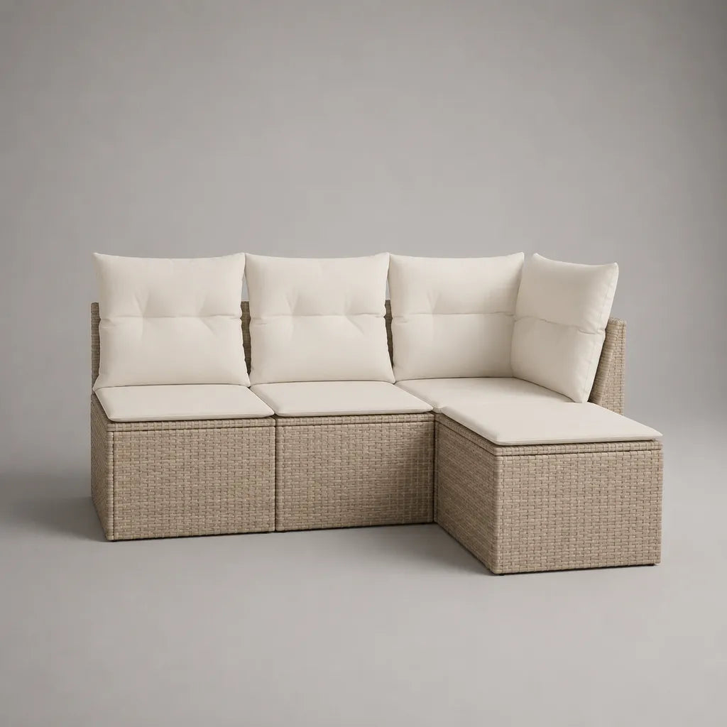 3-teiliges modulares Garten-Ecksofa aus PE-Rattan mit Polyesterkissen, L-Form, Beige/Cremeweiß, 195 × 130 × 73 cm