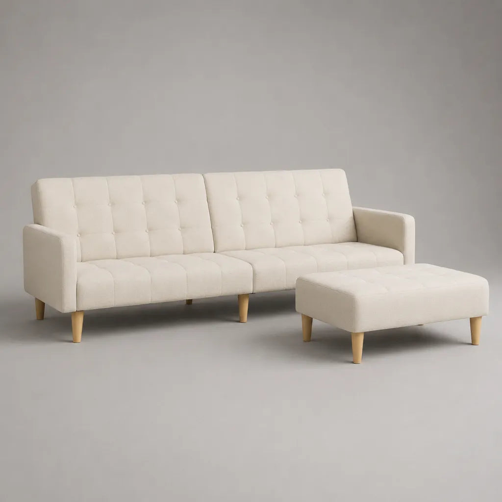 2-teiliges 3-Sitzer-Sofa mit Hocker, Polyesterbezug und Holzgestell, Creme, Sofa 181 × 78 × 82 cm, Hocker 91 × 61 × 43 cm