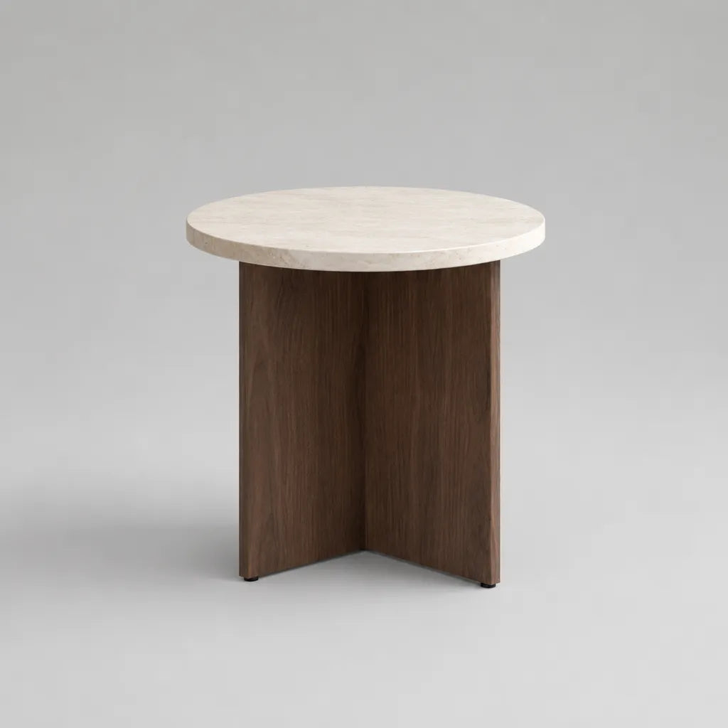 Runder Couchtisch aus Travertin und MDF mit Walnussfurnier, Cremeweiß/Dunkelbraun, Ø 50 × H 55 cm