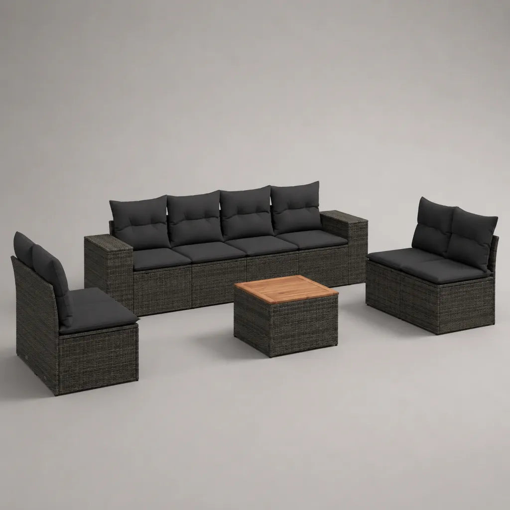 4-teiliges Gartenmöbel-Set für 6 Personen aus PE-Rattan, Stahl und Holz, Dunkelgrau, Anthrazit und Naturbraun, Sofa 228 × 70 × 74 cm