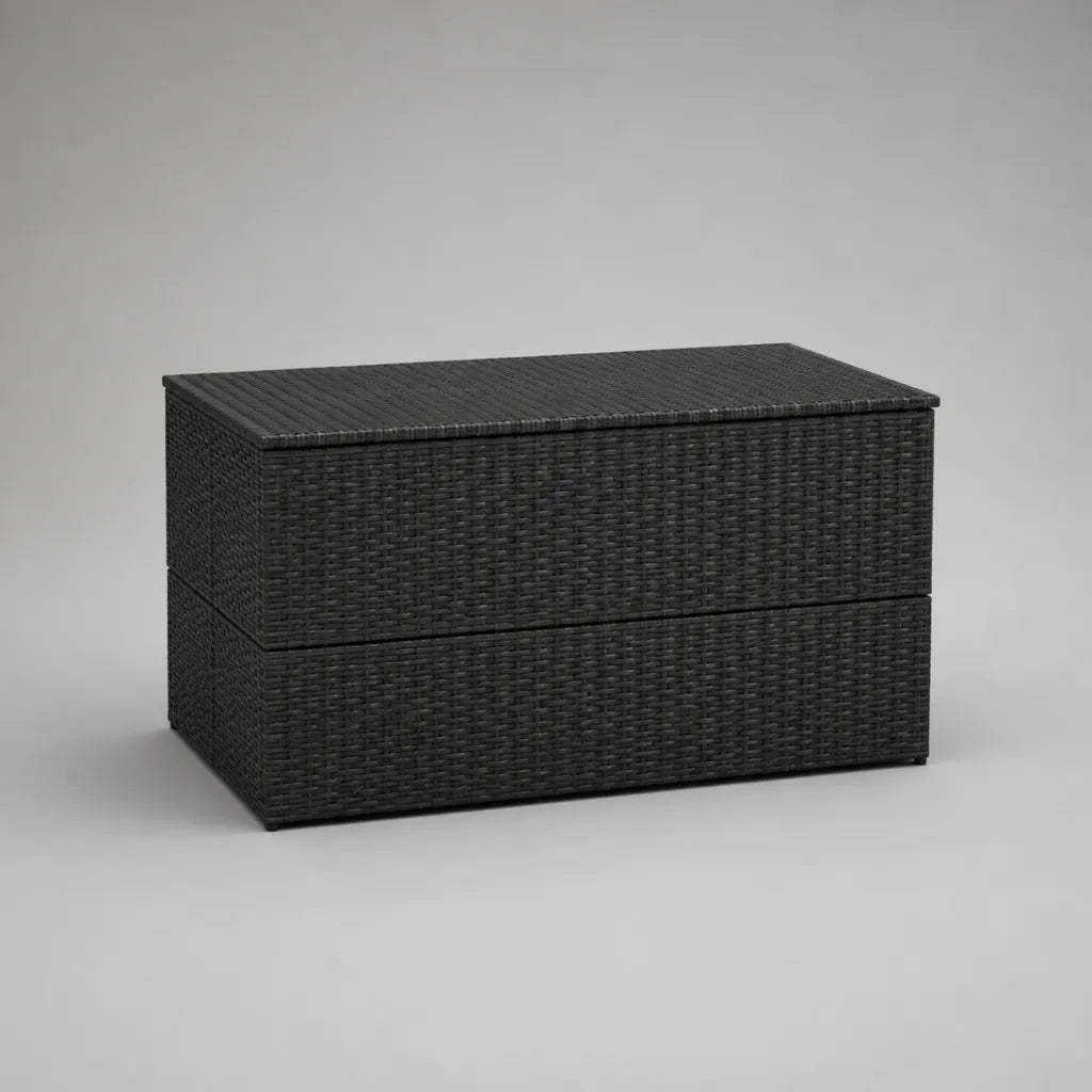 Rechteckige Garten-Aufbewahrungsbox mit Deckel aus PE-Rattan und Stahl, Schwarz, 100 × 50 × 60 cm