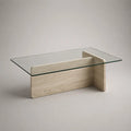 Rechteckiger Couchtisch aus 10 mm gehärtetem Glas und Travertin, Transparent/Beige, 120 × 60 × 45 cm