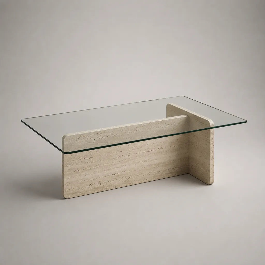 Rechteckiger Couchtisch aus 10 mm gehärtetem Glas und Travertin, Transparent/Beige, 120 × 60 × 45 cm