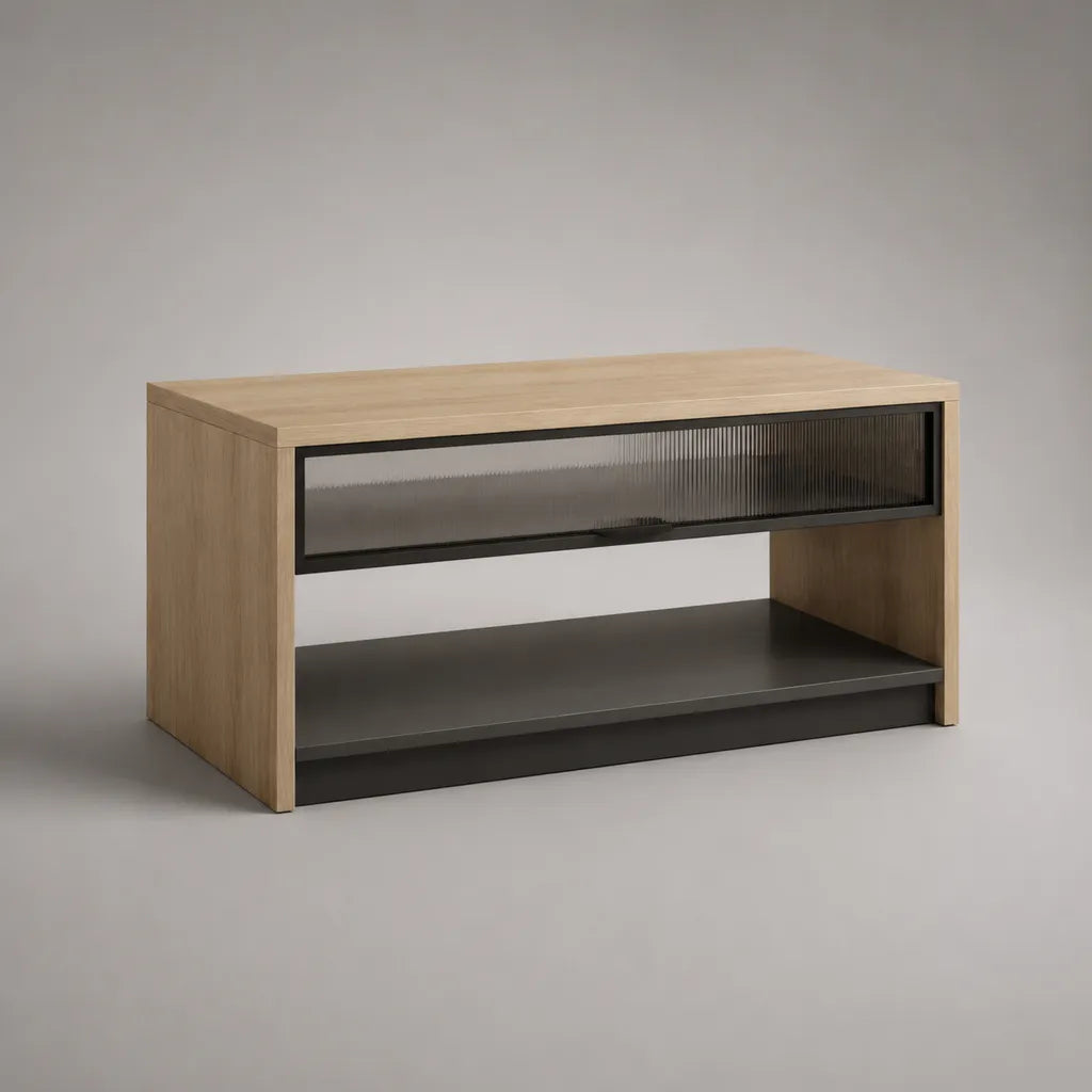 Rechteckiger Couchtisch mit Schublade und Ablage aus Holz, Metall und Glas, Eiche hell/Schwarz/Rauchgrau, 100 × 50 × 55 cm