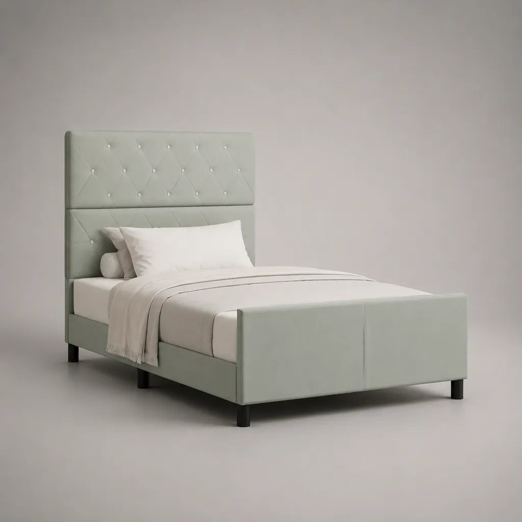 Polsterbett Einzelbett aus Polyester und Schaumstoff, Hellgrau, Liegefläche 90 x 200 cm, Gesamtmaß 216 x 101 x 146 cm