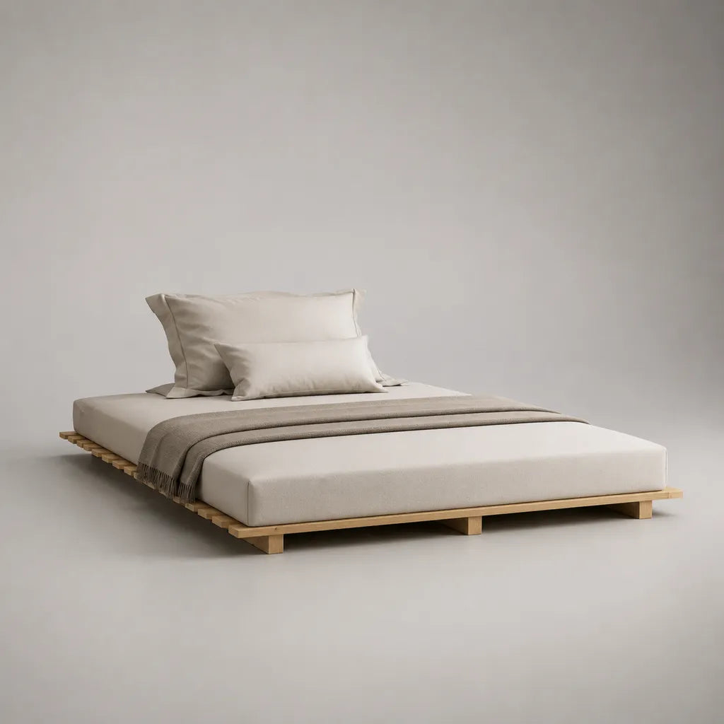 Futonbett aus massivem Kiefernholz, Liegefläche 160 × 200 cm, Gesamtmaß 220 × 180 × 18 cm, niedrig, ohne Kopfteil, Natur