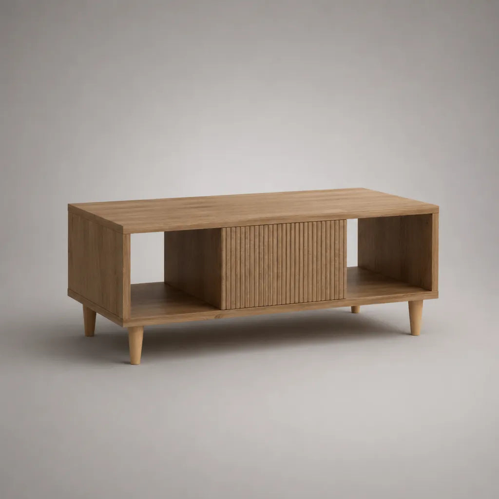 Rechteckiger Couchtisch aus MDF mit Eichenfurnier, Stauraum und Schiebetür, Naturbraun, 110 × 55 × 45 cm